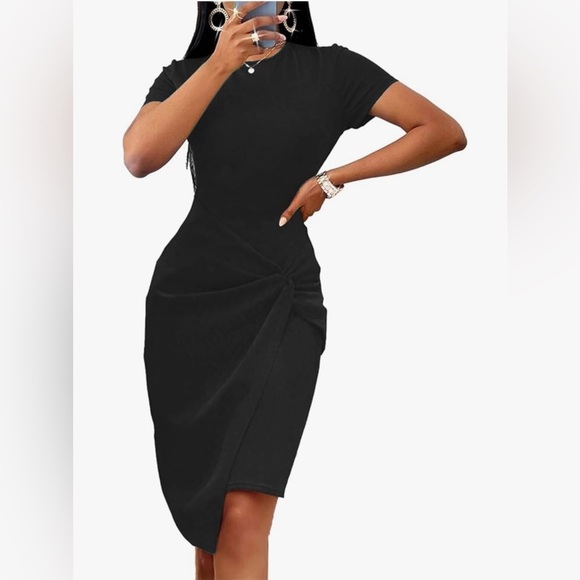 Black Sheath Dress with Asymmetrical Wrap and Crew Neck - Picture 2 of 3